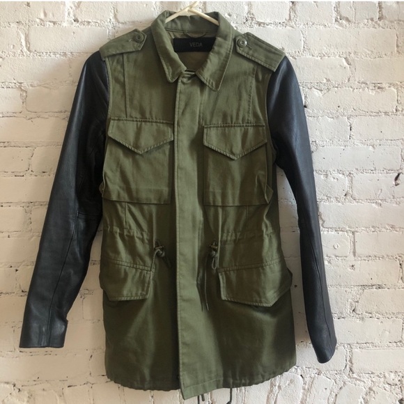 VEDA Army / Military Jacket with Leather Sleeves - Picture 5 of 9